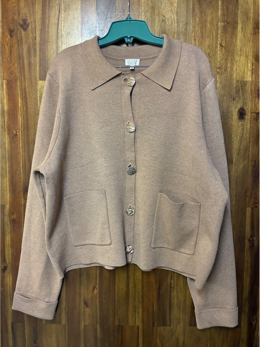 Jaclyn Smith Tan Knit Collared Cardigan Sweater XL Structured Quiet Luxury